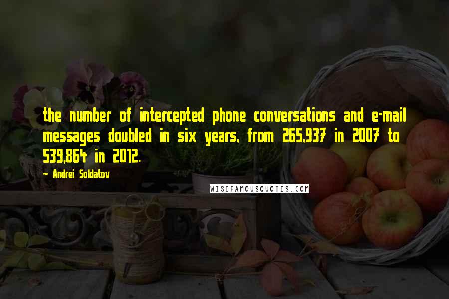Andrei Soldatov Quotes: the number of intercepted phone conversations and e-mail messages doubled in six years, from 265,937 in 2007 to 539,864 in 2012.