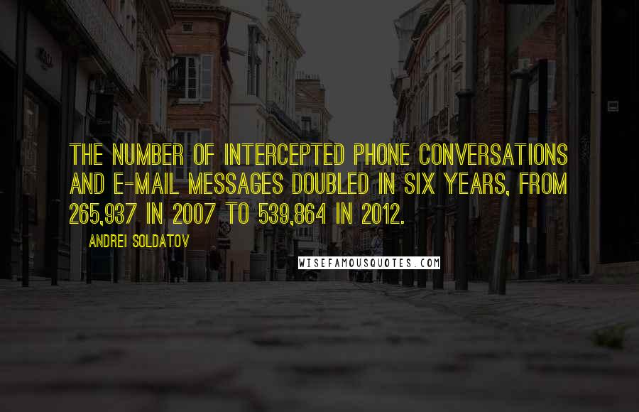 Andrei Soldatov Quotes: the number of intercepted phone conversations and e-mail messages doubled in six years, from 265,937 in 2007 to 539,864 in 2012.