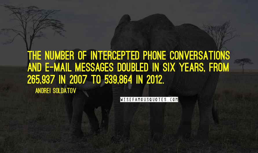 Andrei Soldatov Quotes: the number of intercepted phone conversations and e-mail messages doubled in six years, from 265,937 in 2007 to 539,864 in 2012.