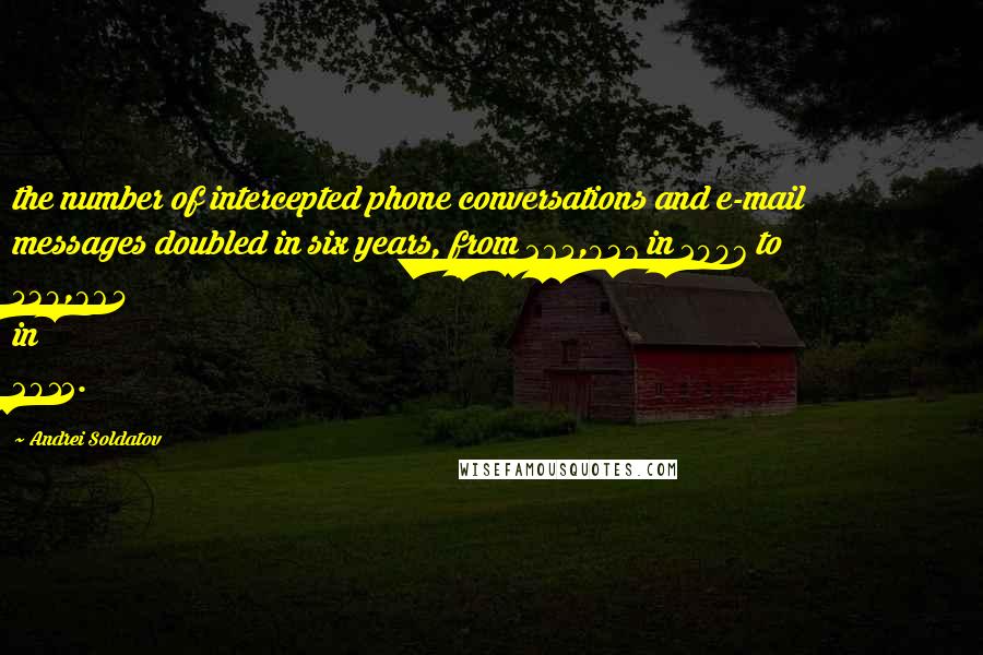 Andrei Soldatov Quotes: the number of intercepted phone conversations and e-mail messages doubled in six years, from 265,937 in 2007 to 539,864 in 2012.