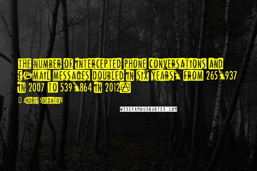 Andrei Soldatov Quotes: the number of intercepted phone conversations and e-mail messages doubled in six years, from 265,937 in 2007 to 539,864 in 2012.