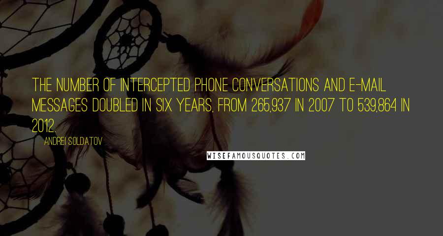 Andrei Soldatov Quotes: the number of intercepted phone conversations and e-mail messages doubled in six years, from 265,937 in 2007 to 539,864 in 2012.