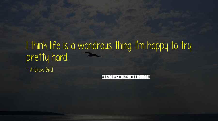 Andrew Bird Quotes: I think life is a wondrous thing. I'm happy to try pretty hard.