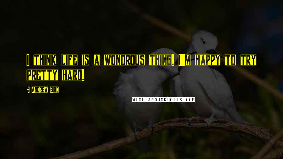 Andrew Bird Quotes: I think life is a wondrous thing. I'm happy to try pretty hard.