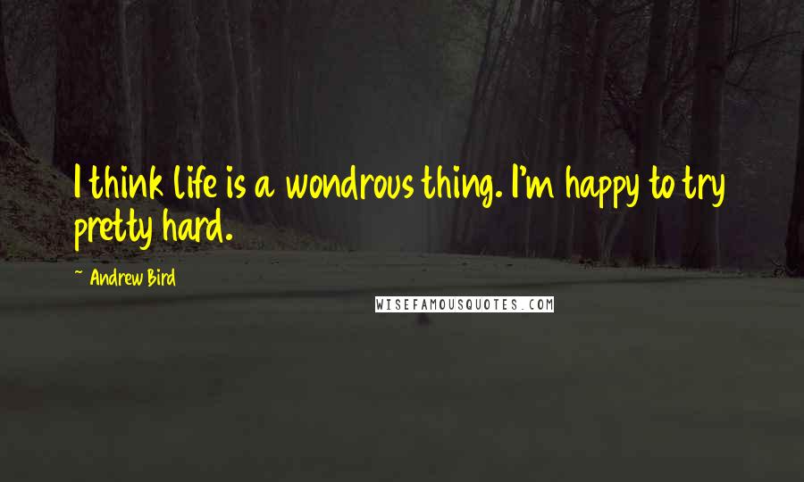 Andrew Bird Quotes: I think life is a wondrous thing. I'm happy to try pretty hard.