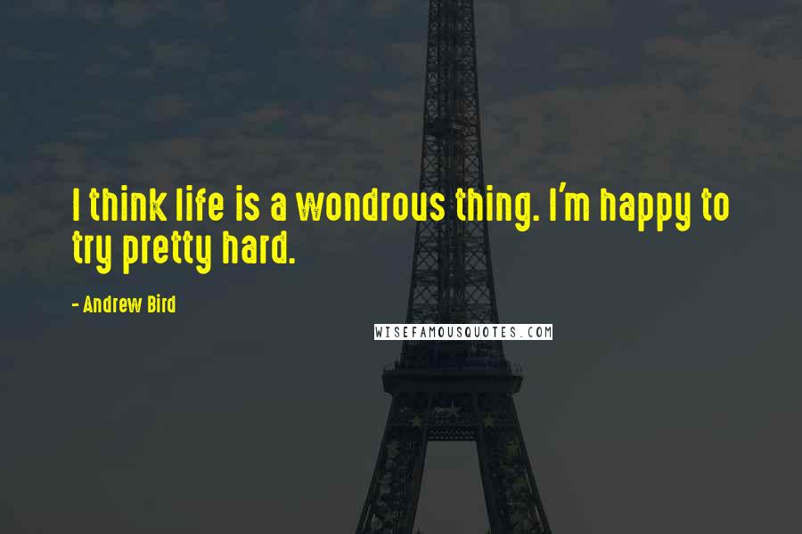 Andrew Bird Quotes: I think life is a wondrous thing. I'm happy to try pretty hard.
