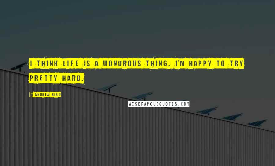 Andrew Bird Quotes: I think life is a wondrous thing. I'm happy to try pretty hard.