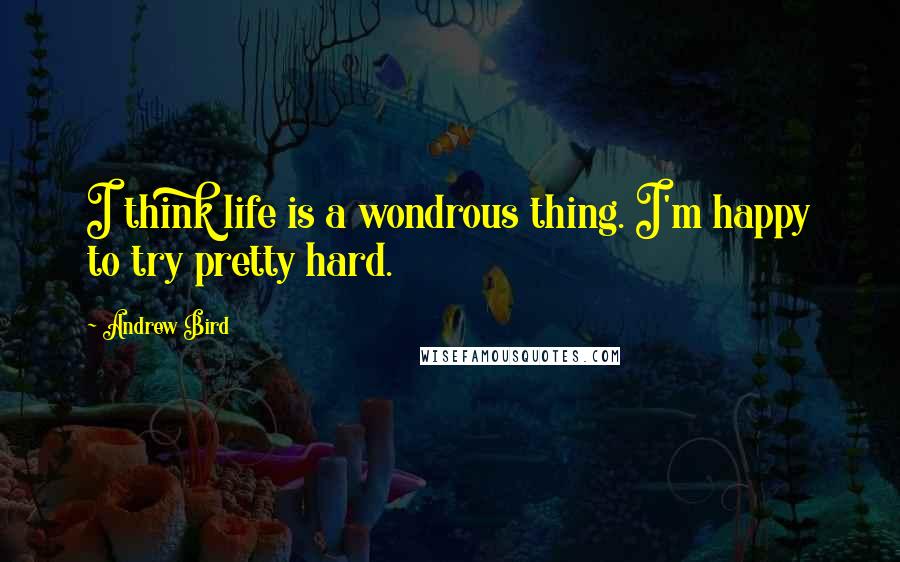 Andrew Bird Quotes: I think life is a wondrous thing. I'm happy to try pretty hard.