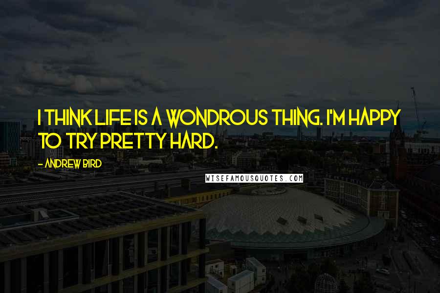 Andrew Bird Quotes: I think life is a wondrous thing. I'm happy to try pretty hard.