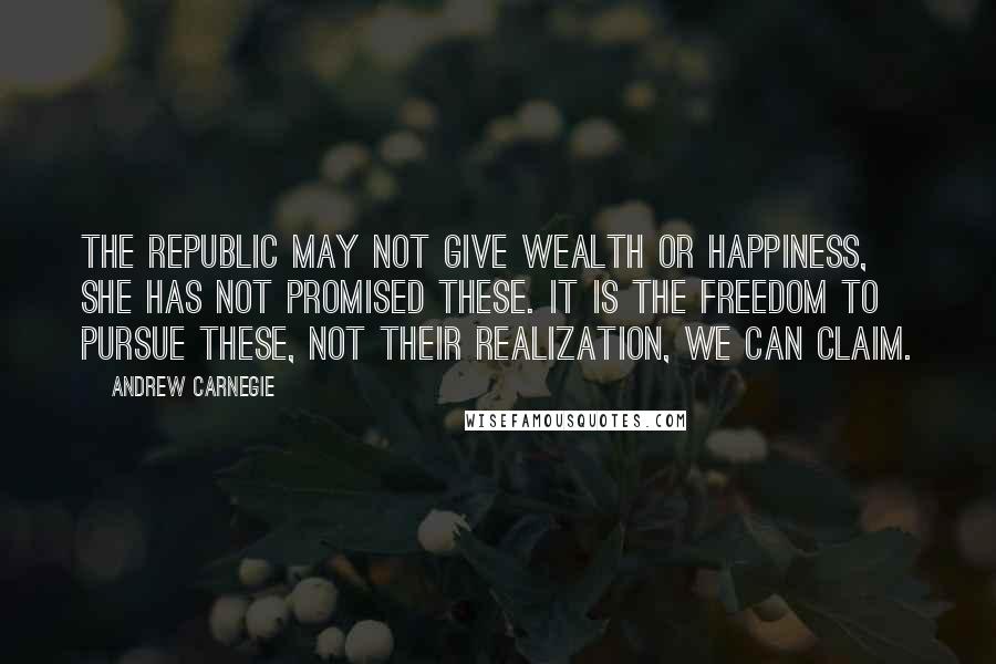Andrew Carnegie Quotes: The Republic may not give wealth or happiness, she has not promised these. It is the freedom to pursue these, not their realization, we can claim.