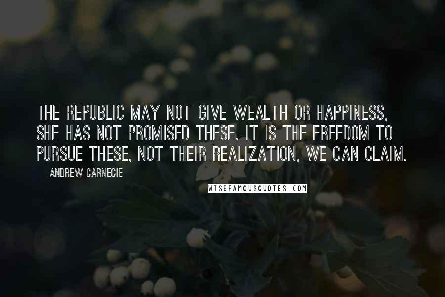 Andrew Carnegie Quotes: The Republic may not give wealth or happiness, she has not promised these. It is the freedom to pursue these, not their realization, we can claim.