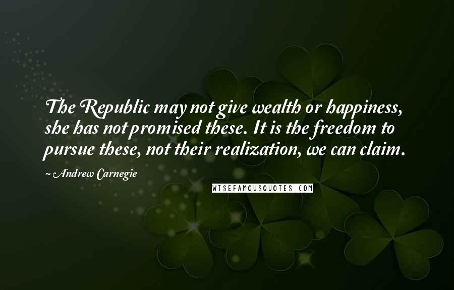 Andrew Carnegie Quotes: The Republic may not give wealth or happiness, she has not promised these. It is the freedom to pursue these, not their realization, we can claim.