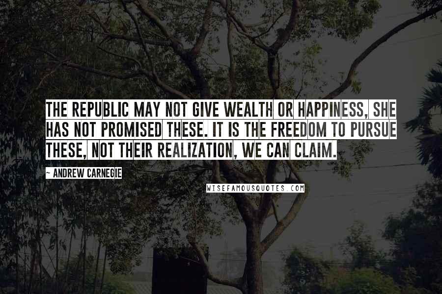 Andrew Carnegie Quotes: The Republic may not give wealth or happiness, she has not promised these. It is the freedom to pursue these, not their realization, we can claim.