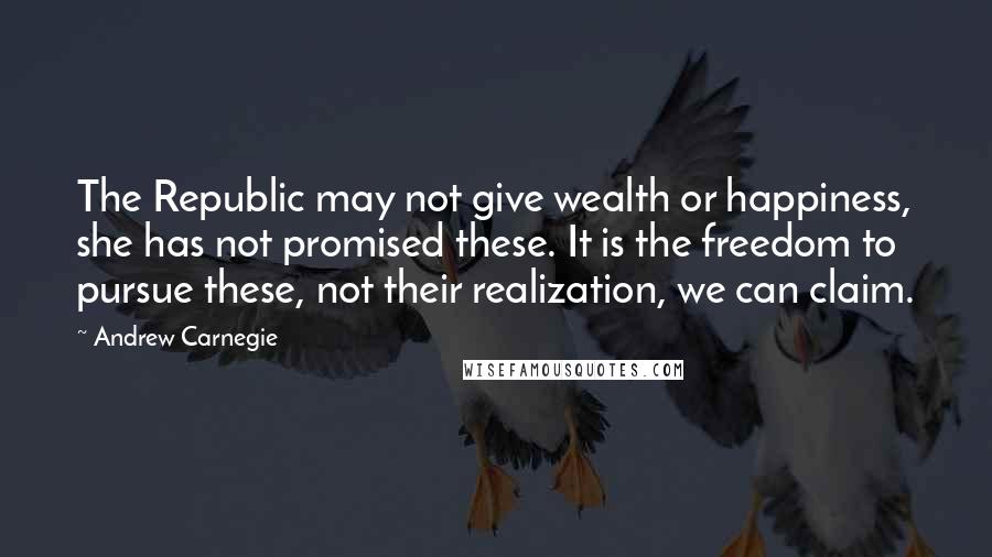 Andrew Carnegie Quotes: The Republic may not give wealth or happiness, she has not promised these. It is the freedom to pursue these, not their realization, we can claim.