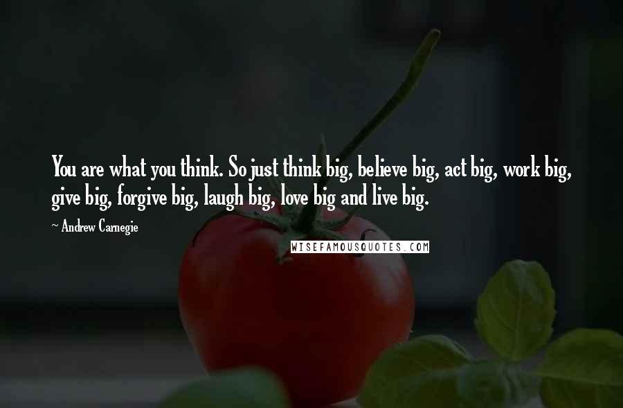 Andrew Carnegie Quotes: You are what you think. So just think big, believe big, act big, work big, give big, forgive big, laugh big, love big and live big.