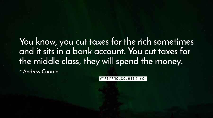 Andrew Cuomo Quotes: You know, you cut taxes for the rich sometimes and it sits in a bank account. You cut taxes for the middle class, they will spend the money.