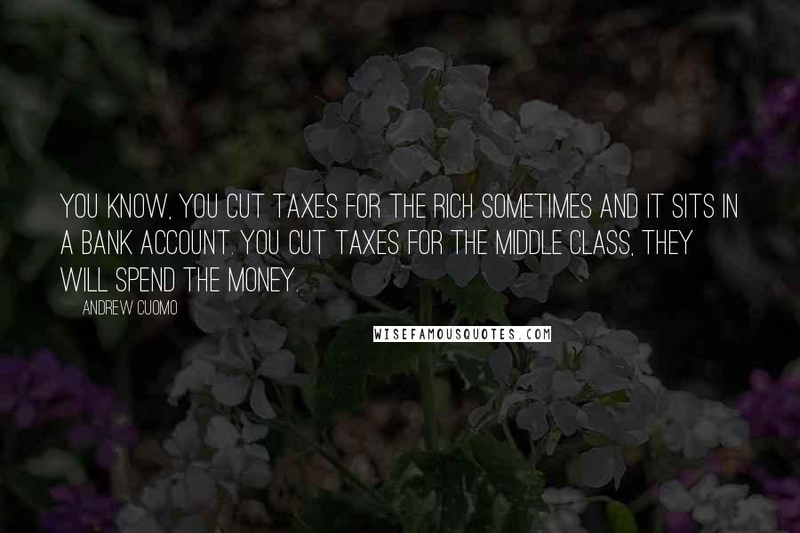 Andrew Cuomo Quotes: You know, you cut taxes for the rich sometimes and it sits in a bank account. You cut taxes for the middle class, they will spend the money.