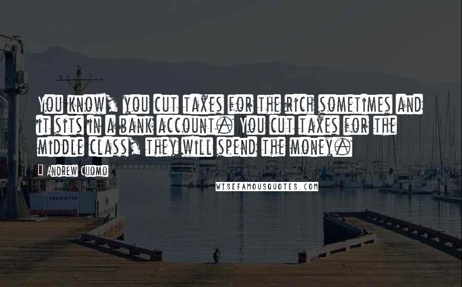 Andrew Cuomo Quotes: You know, you cut taxes for the rich sometimes and it sits in a bank account. You cut taxes for the middle class, they will spend the money.