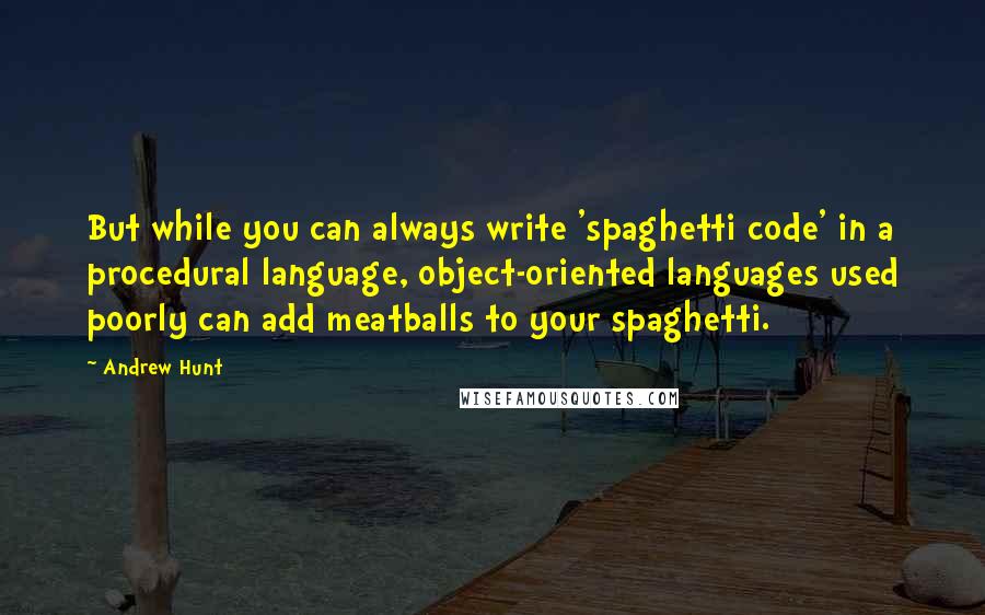 Andrew Hunt Quotes: But while you can always write 'spaghetti code' in a procedural language, object-oriented languages used poorly can add meatballs to your spaghetti.