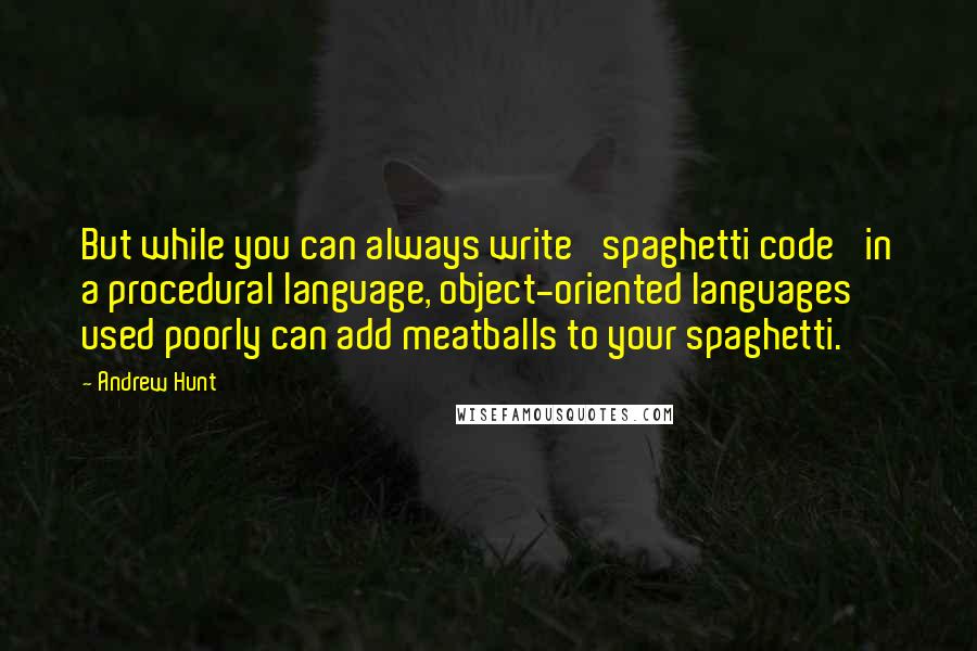 Andrew Hunt Quotes: But while you can always write 'spaghetti code' in a procedural language, object-oriented languages used poorly can add meatballs to your spaghetti.