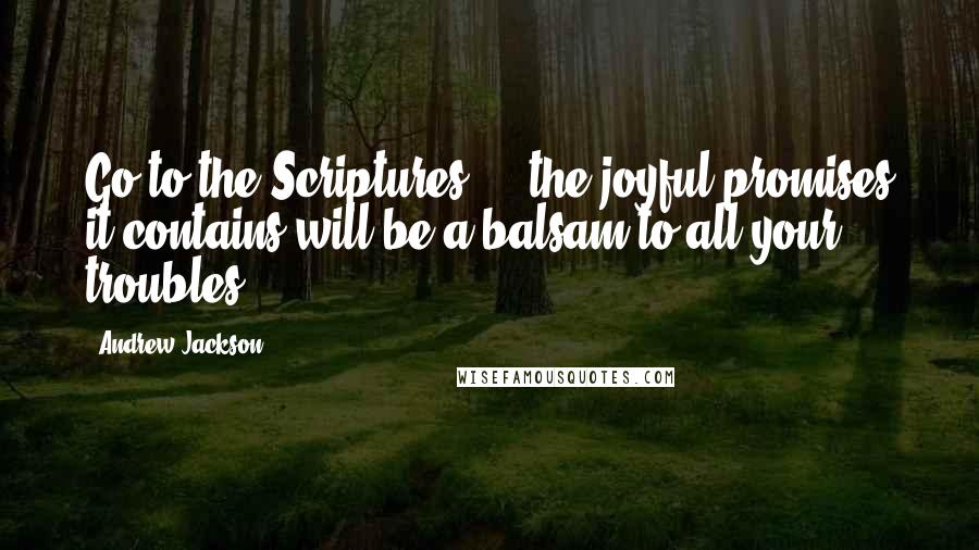 Andrew Jackson Quotes: Go to the Scriptures ... the joyful promises it contains will be a balsam to all your troubles.