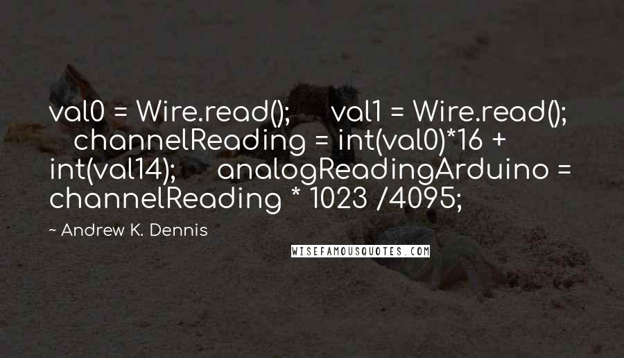 Andrew K. Dennis Quotes: val0 = Wire.read();     val1 = Wire.read();     channelReading = int(val0)*16 + int(val14);     analogReadingArduino = channelReading * 1023 /4095;