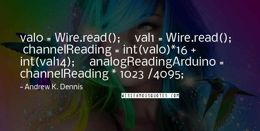 Andrew K. Dennis Quotes: val0 = Wire.read();     val1 = Wire.read();     channelReading = int(val0)*16 + int(val14);     analogReadingArduino = channelReading * 1023 /4095;