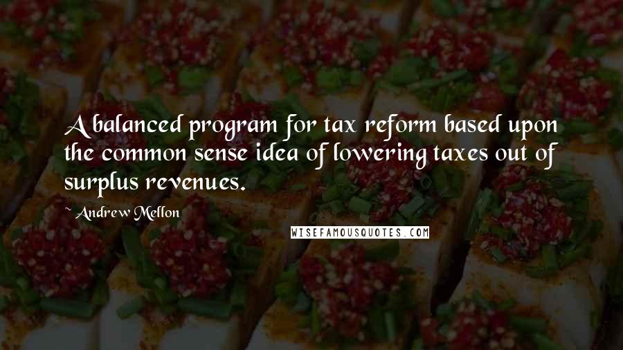Andrew Mellon Quotes: A balanced program for tax reform based upon the common sense idea of lowering taxes out of surplus revenues.