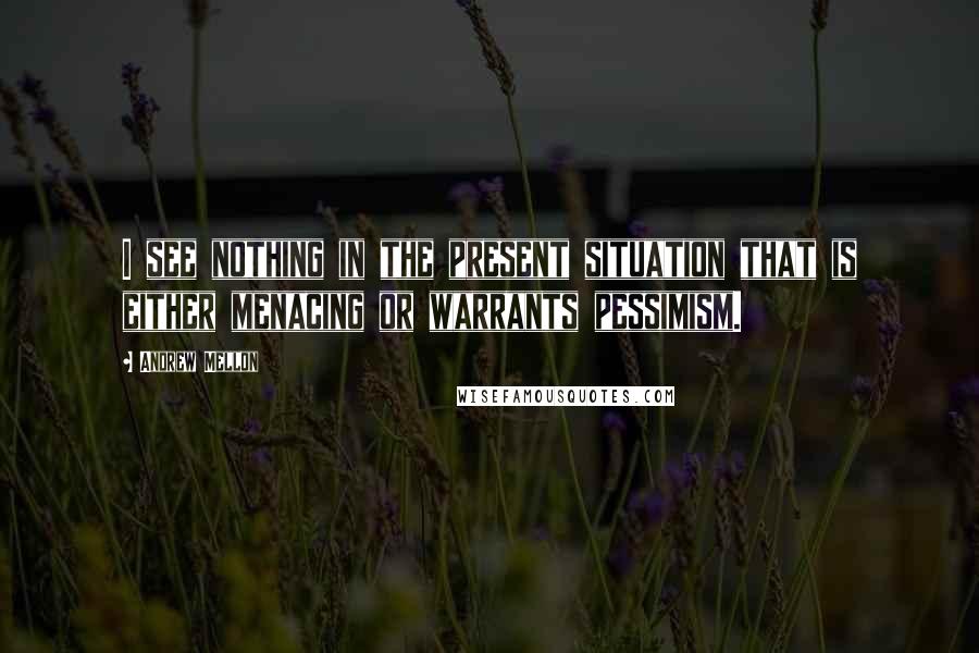 Andrew Mellon Quotes: I see nothing in the present situation that is either menacing or warrants pessimism.