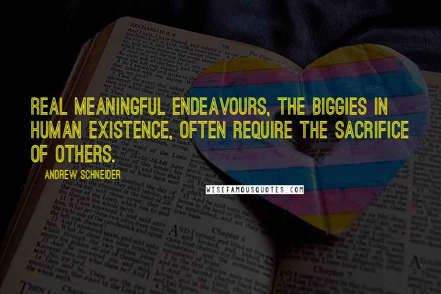Andrew Schneider Quotes: Real meaningful endeavours, the biggies in human existence, often require the sacrifice of others.
