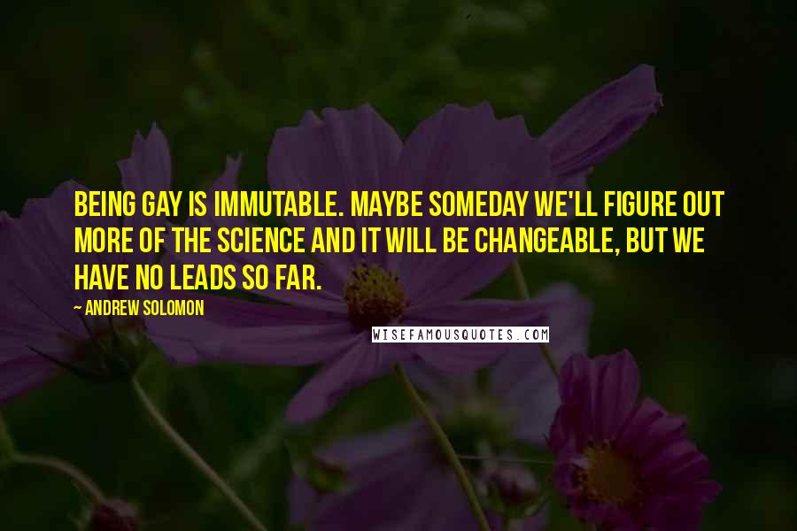 Andrew Solomon Quotes: Being gay is immutable. Maybe someday we'll figure out more of the science and it will be changeable, but we have no leads so far.