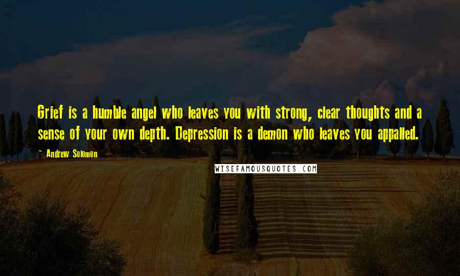 Andrew Solomon Quotes: Grief is a humble angel who leaves you with strong, clear thoughts and a sense of your own depth. Depression is a demon who leaves you appalled.