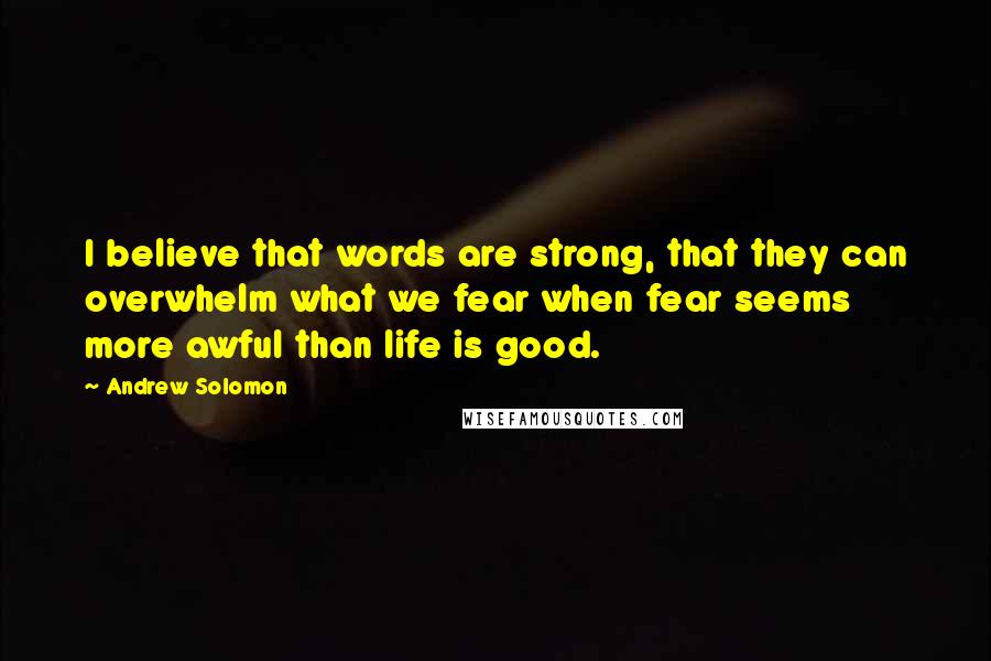 Andrew Solomon Quotes: I believe that words are strong, that they can overwhelm what we fear when fear seems more awful than life is good.