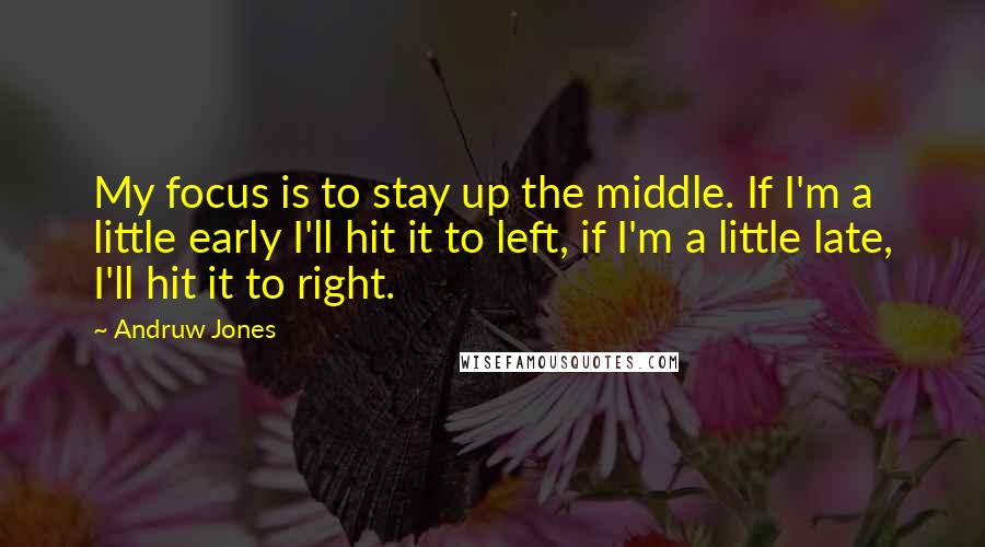 Andruw Jones Quotes: My focus is to stay up the middle. If I'm a little early I'll hit it to left, if I'm a little late, I'll hit it to right.