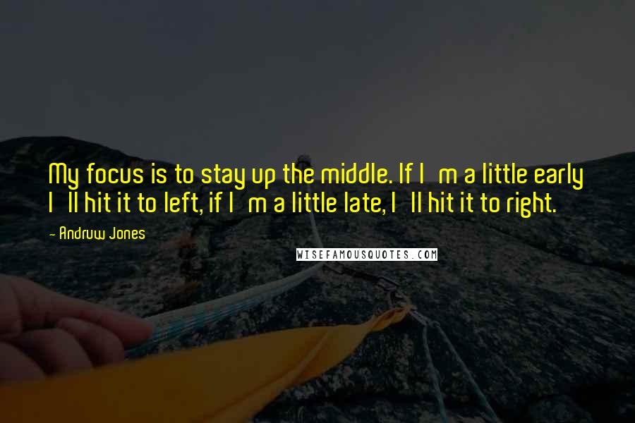 Andruw Jones Quotes: My focus is to stay up the middle. If I'm a little early I'll hit it to left, if I'm a little late, I'll hit it to right.