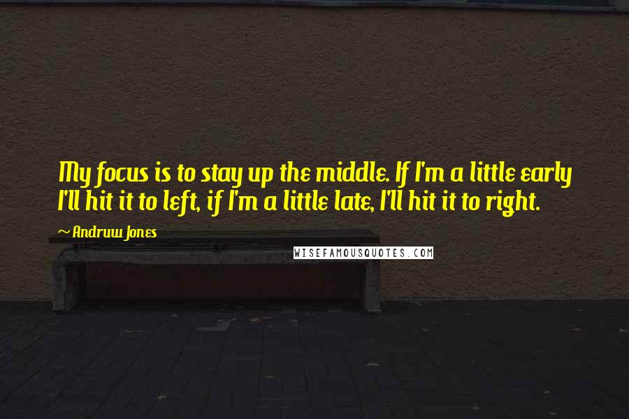 Andruw Jones Quotes: My focus is to stay up the middle. If I'm a little early I'll hit it to left, if I'm a little late, I'll hit it to right.