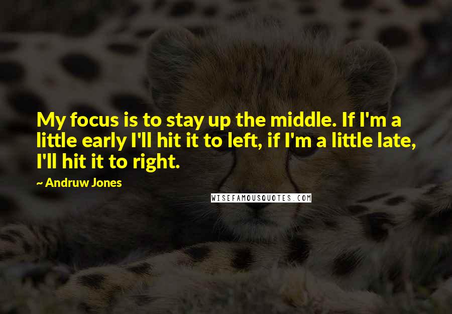 Andruw Jones Quotes: My focus is to stay up the middle. If I'm a little early I'll hit it to left, if I'm a little late, I'll hit it to right.