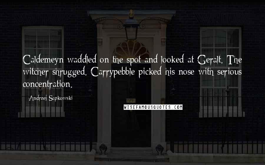 Andrzej Sapkowski Quotes: Caldemeyn waddled on the spot and looked at Geralt. The witcher shrugged. Carrypebble picked his nose with serious concentration.