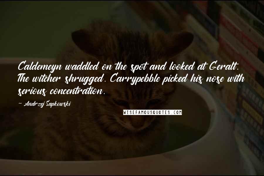 Andrzej Sapkowski Quotes: Caldemeyn waddled on the spot and looked at Geralt. The witcher shrugged. Carrypebble picked his nose with serious concentration.