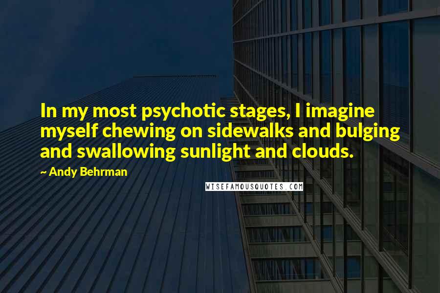 Andy Behrman Quotes: In my most psychotic stages, I imagine myself chewing on sidewalks and bulging and swallowing sunlight and clouds.