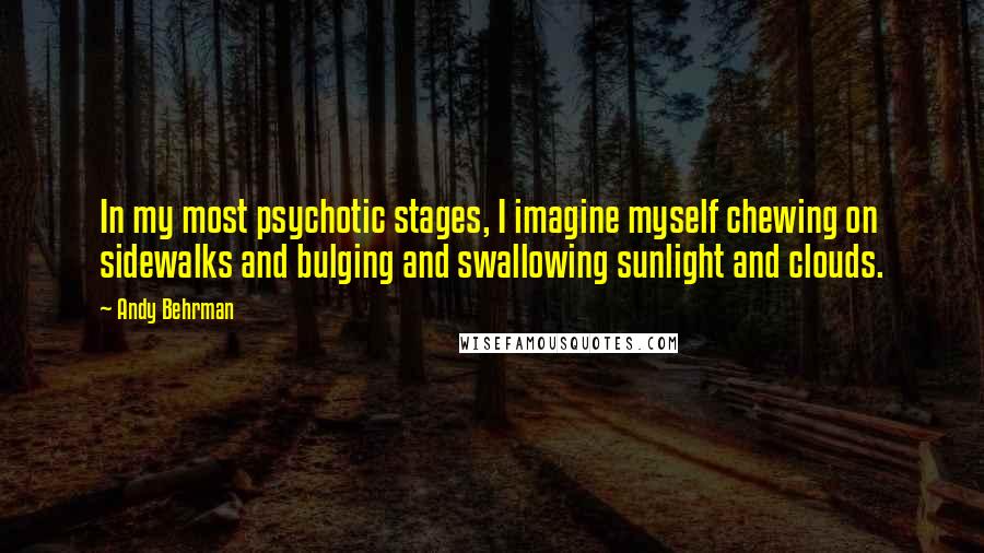 Andy Behrman Quotes: In my most psychotic stages, I imagine myself chewing on sidewalks and bulging and swallowing sunlight and clouds.