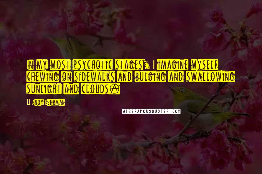 Andy Behrman Quotes: In my most psychotic stages, I imagine myself chewing on sidewalks and bulging and swallowing sunlight and clouds.