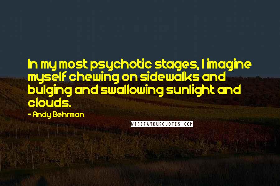 Andy Behrman Quotes: In my most psychotic stages, I imagine myself chewing on sidewalks and bulging and swallowing sunlight and clouds.