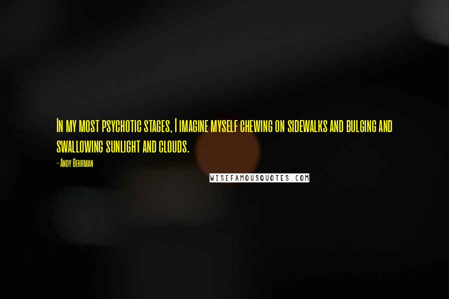 Andy Behrman Quotes: In my most psychotic stages, I imagine myself chewing on sidewalks and bulging and swallowing sunlight and clouds.