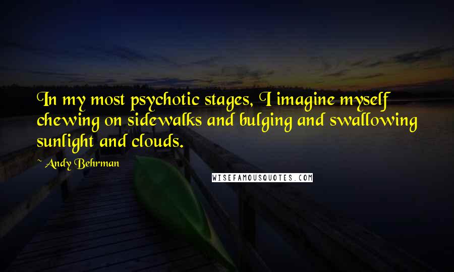 Andy Behrman Quotes: In my most psychotic stages, I imagine myself chewing on sidewalks and bulging and swallowing sunlight and clouds.