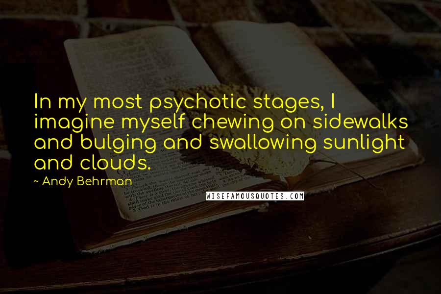 Andy Behrman Quotes: In my most psychotic stages, I imagine myself chewing on sidewalks and bulging and swallowing sunlight and clouds.