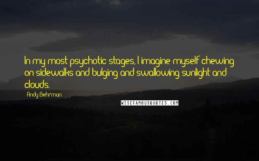 Andy Behrman Quotes: In my most psychotic stages, I imagine myself chewing on sidewalks and bulging and swallowing sunlight and clouds.