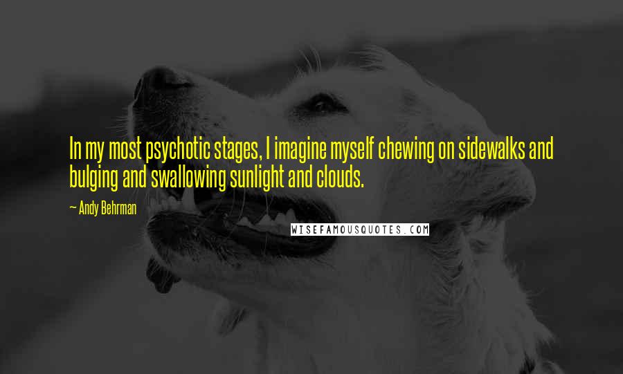 Andy Behrman Quotes: In my most psychotic stages, I imagine myself chewing on sidewalks and bulging and swallowing sunlight and clouds.