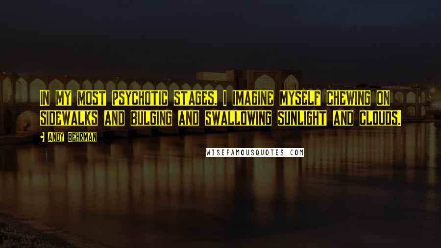 Andy Behrman Quotes: In my most psychotic stages, I imagine myself chewing on sidewalks and bulging and swallowing sunlight and clouds.