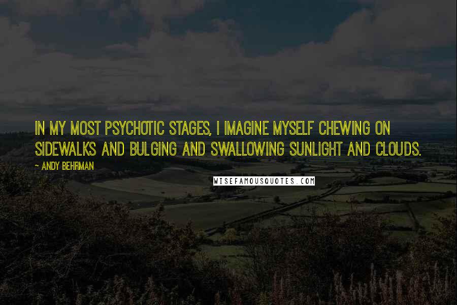 Andy Behrman Quotes: In my most psychotic stages, I imagine myself chewing on sidewalks and bulging and swallowing sunlight and clouds.